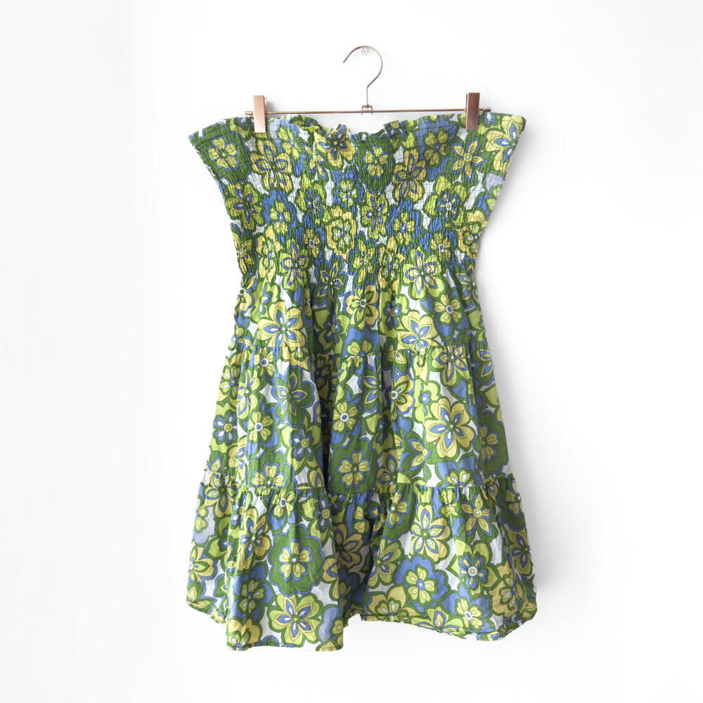 Vintage Green Blue Floral Y2K Smocked Strapless‎ Tube Top Dress XL